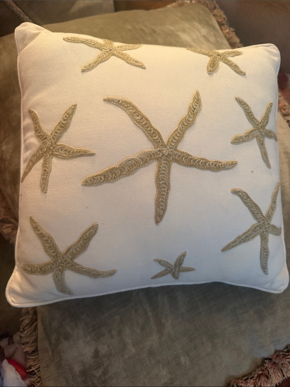 Pottery Barn Starfish Embroidered Throw Pillow - Cream and Tan